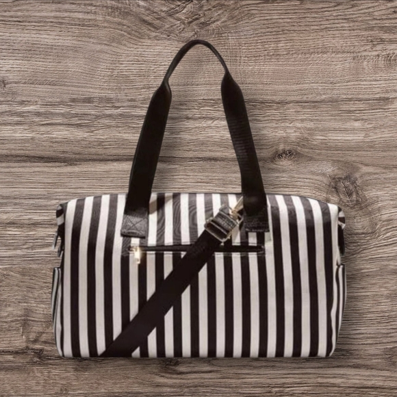Alice + Olivia Duffle Bag Black and White Positano Stripe Weekender Tote - Picture 2 of 13